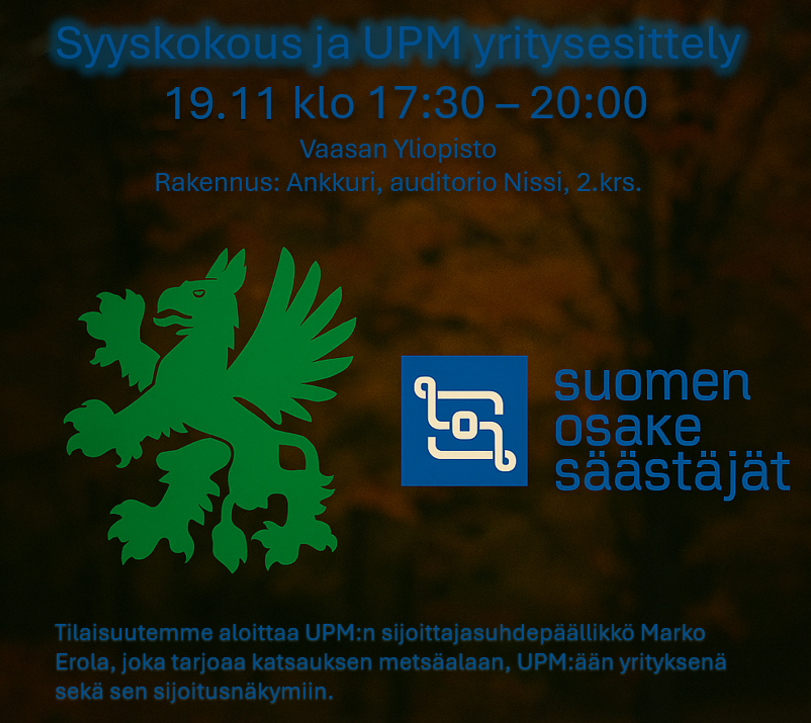 Vaasan Arvopaperisijoittajat: Sääntömääräinen syyskokous sekä UPM yritysesittely